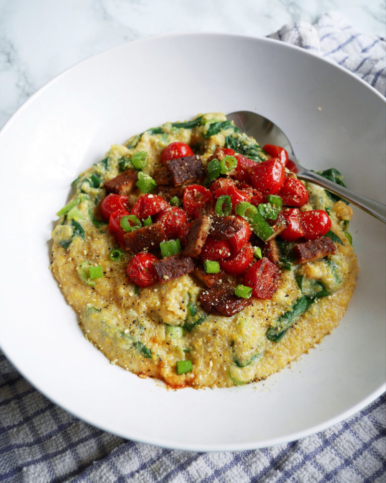 Polenta Corn Grits with Tempeh, Spinach, & Tomatoes Recipe - Vegan ...